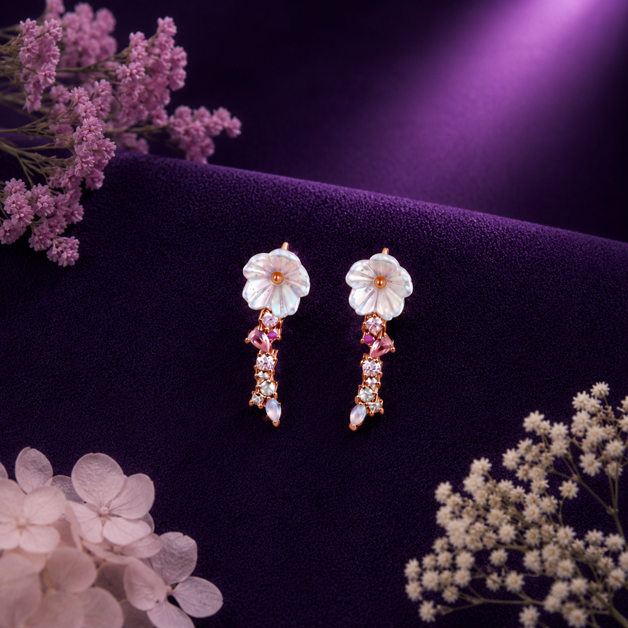 Mother-of-Pearl Cherry Blossom 925 Pure Sterling Silver Drop Earrings