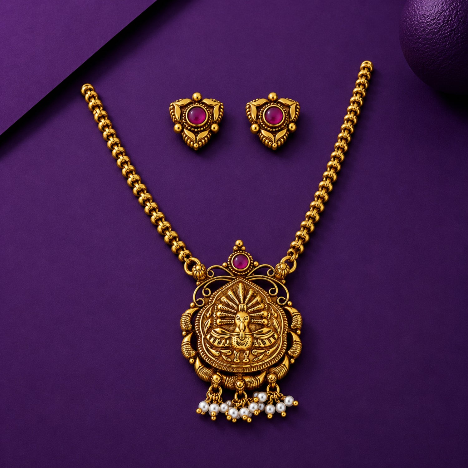The Mayuri Nakshi 925 Silver Pendant Haram Set
