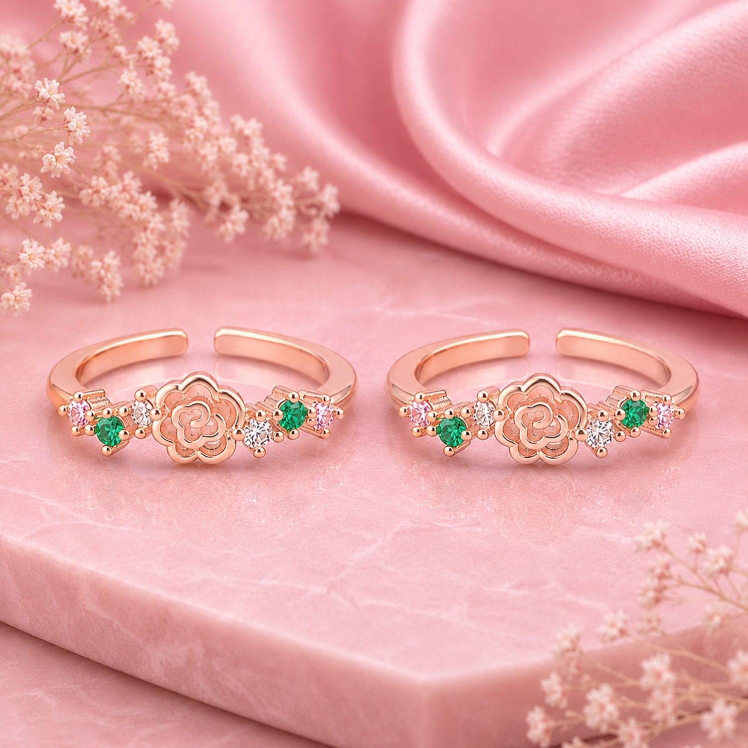Emerald Rose Garden Blossom Rose Gold Adjustable Toe Rings