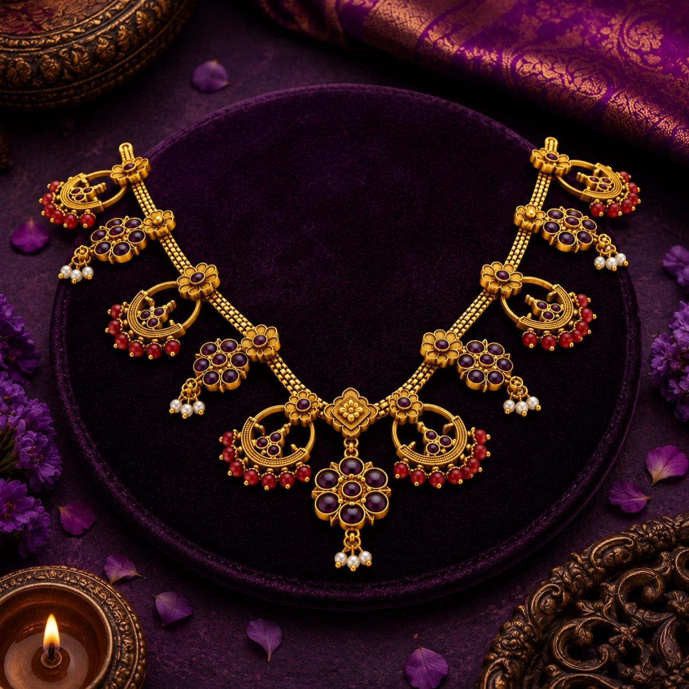 Chandramukhi Antique  925 Silver Gold Plated Kemp Necklace