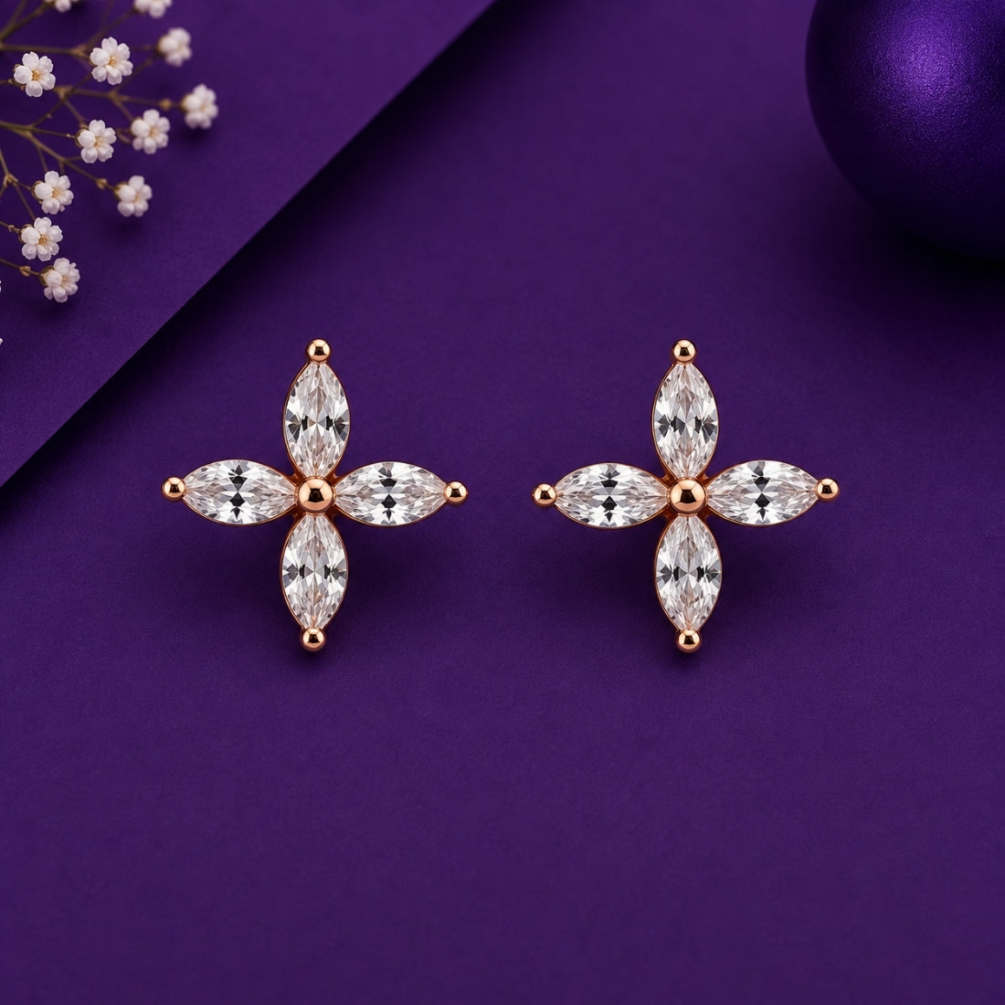 Rose Gold Marquise Four-Petal Blossom Stud Earrings