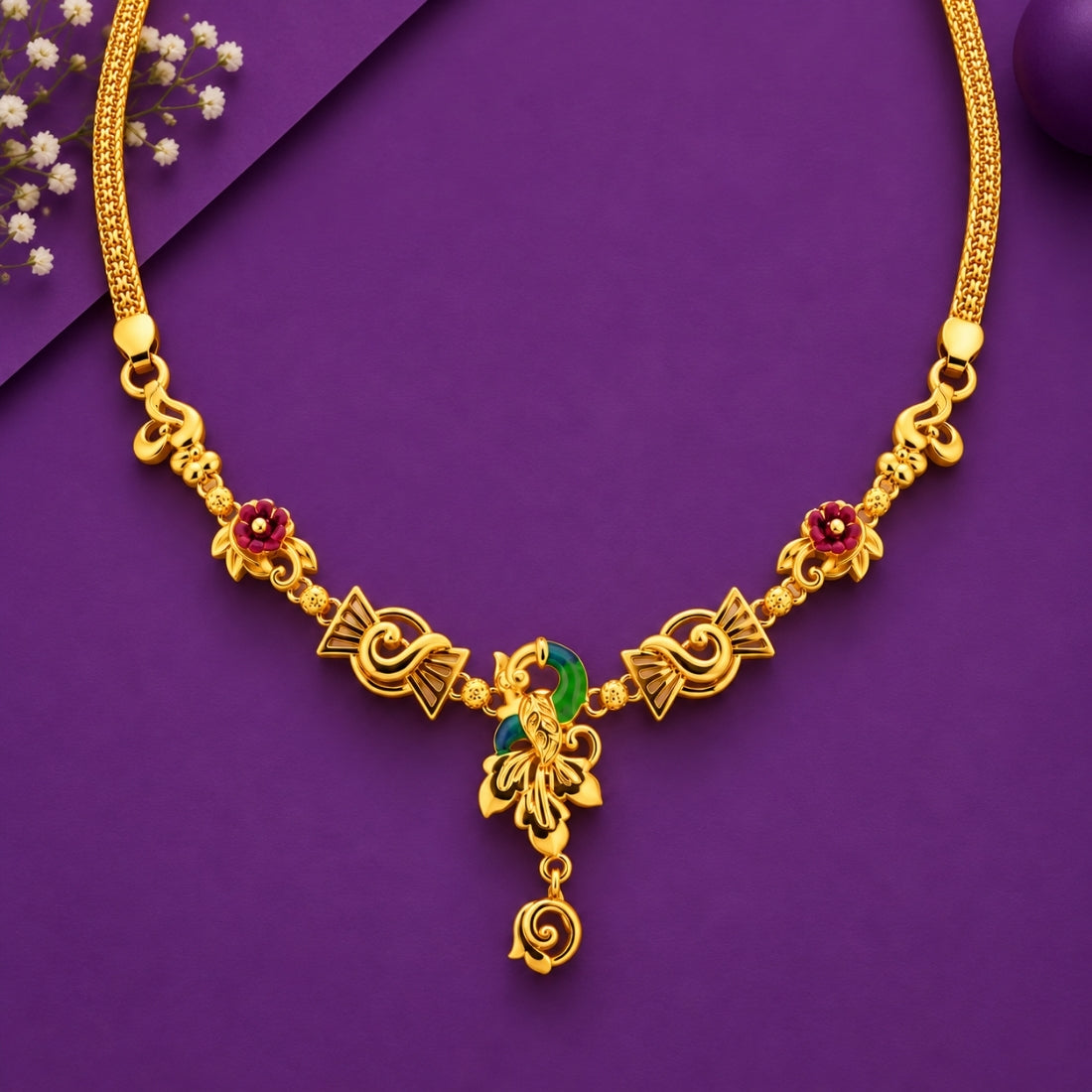 925 sterling silver gold-plated enamel peacock drop and floral accent necklace