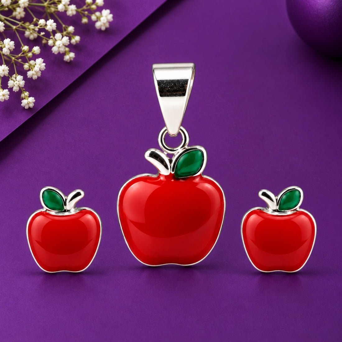 Sweet Orchard 925 Sterling Silver Red Apple Pendant & Stud Earring Set for Kids