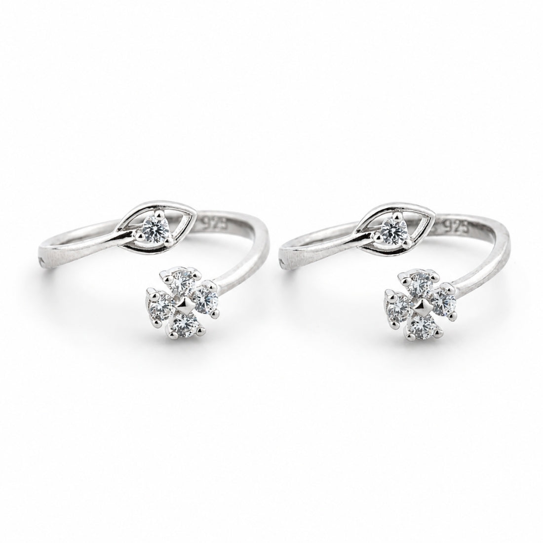 Silver Blossom & Willow Leaf Bypass Toe Rings (Pair)