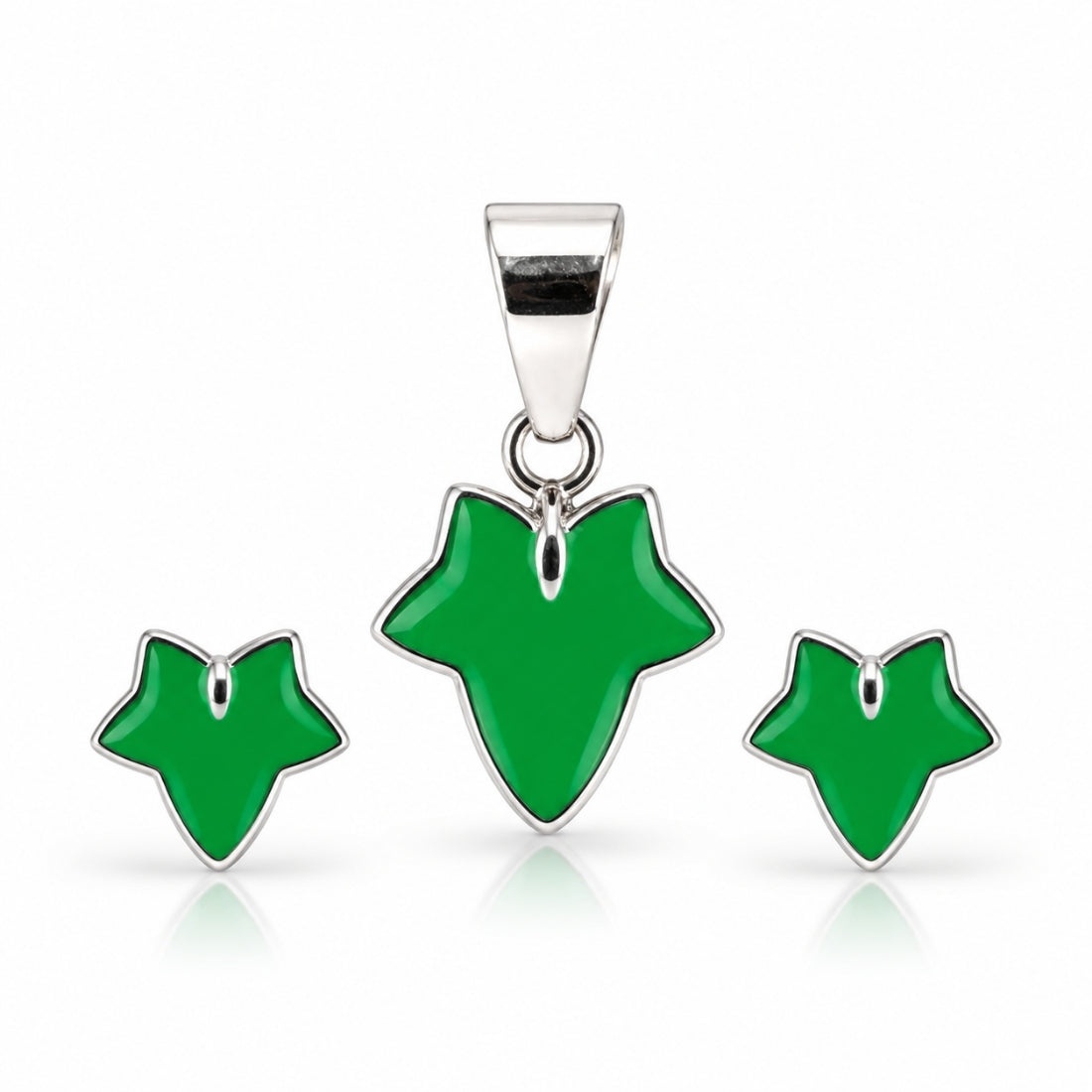 Enchanted Ivy 925 Sterling Silver Green Leaf Pendant & Stud Earring Set for Kids
