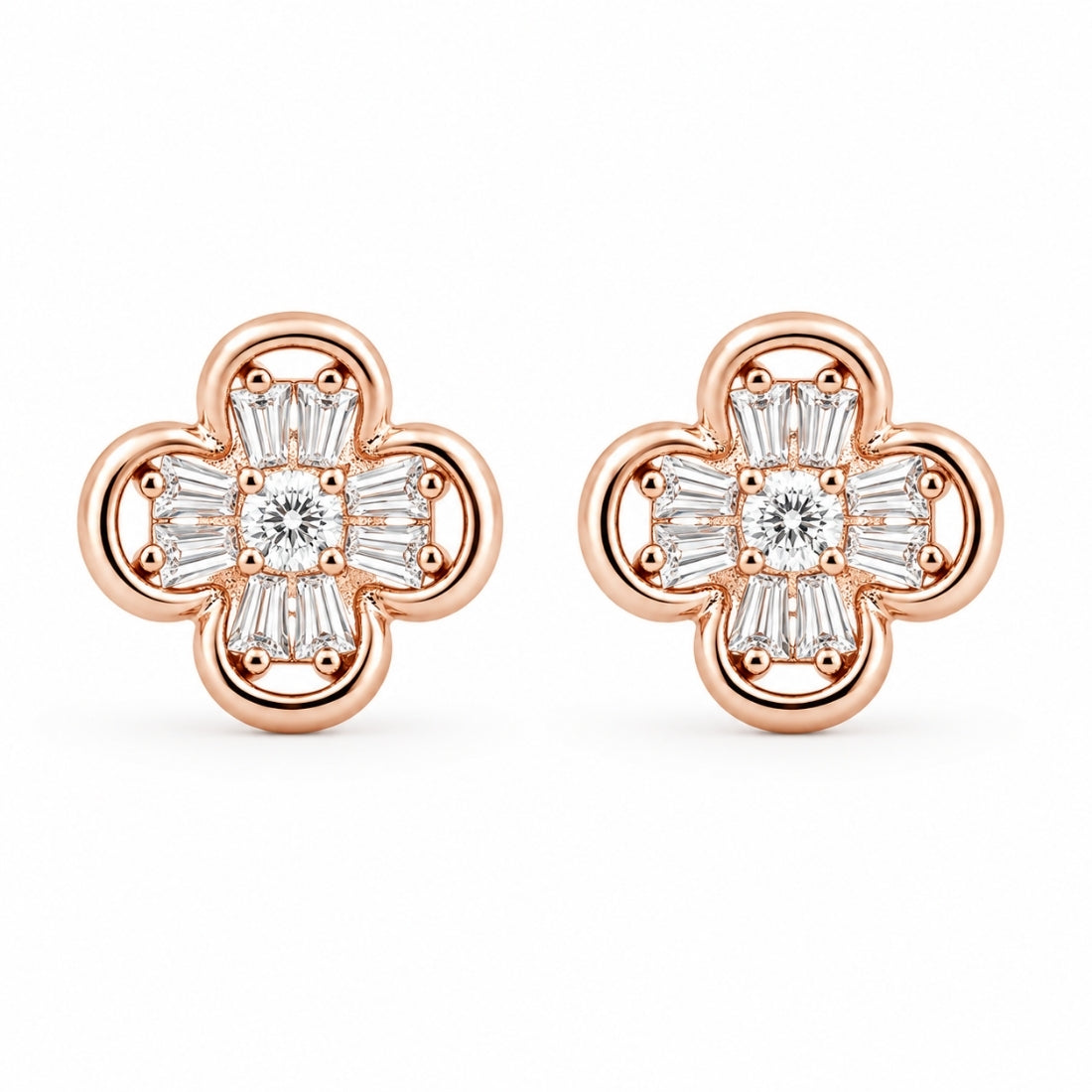 Rose Gold Art Deco Quatrefoil Baguette Stud Earrings