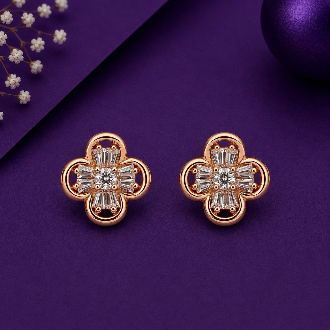 Rose Gold Art Deco Quatrefoil Baguette Stud Earrings