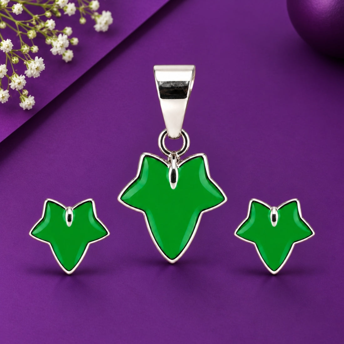 Enchanted Ivy 925 Sterling Silver Green Leaf Pendant & Stud Earring Set for Kids