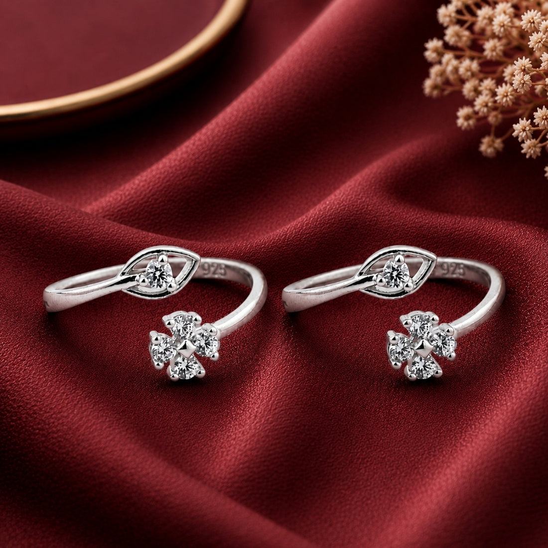 Silver Blossom & Willow Leaf Bypass Toe Rings (Pair)