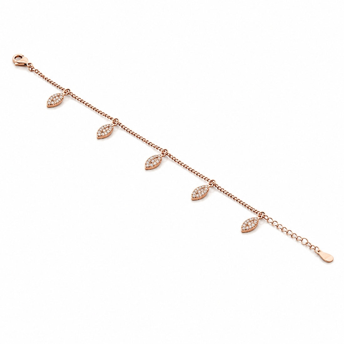 The Golden Willow – 925 Rose Gold Cascading Leaf Charm Bracelet