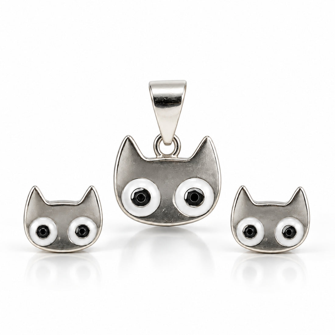 Whiskers the Cat 925 Sterling Silver Grey Enamel Pendant & Stud Earring Set for Kids