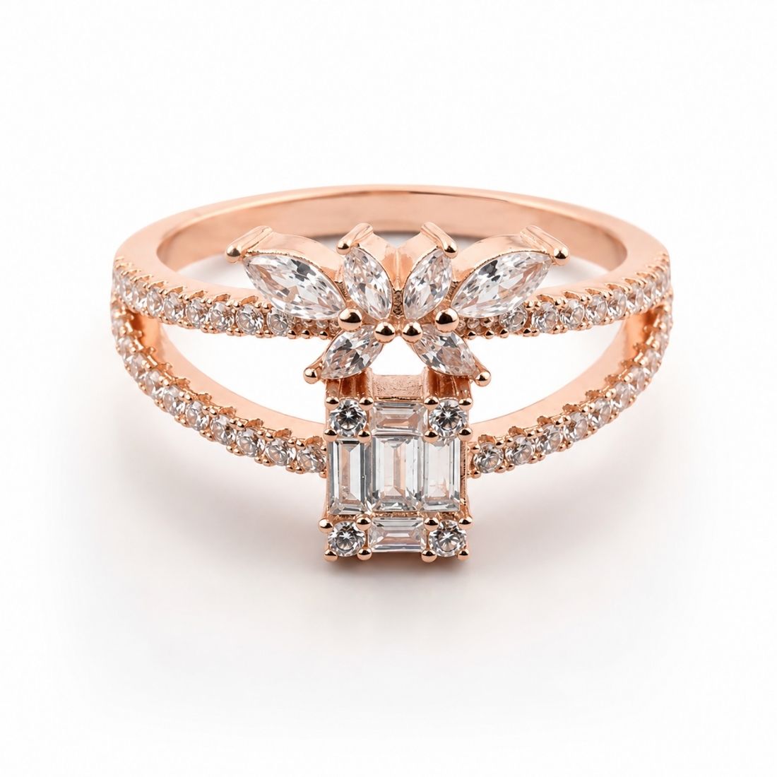 Rose Gold Butterfly Crown Emerald-Cut 925 Silver Ring