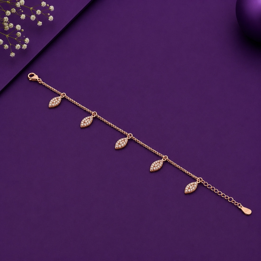 The Golden Willow – 925 Rose Gold Cascading Leaf Charm Bracelet
