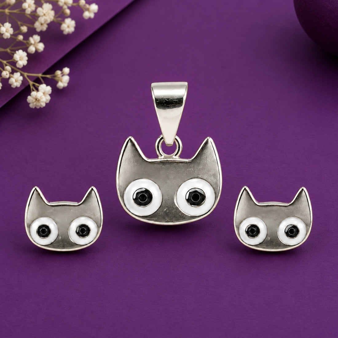 Whiskers the Cat 925 Sterling Silver Grey Enamel Pendant & Stud Earring Set for Kids