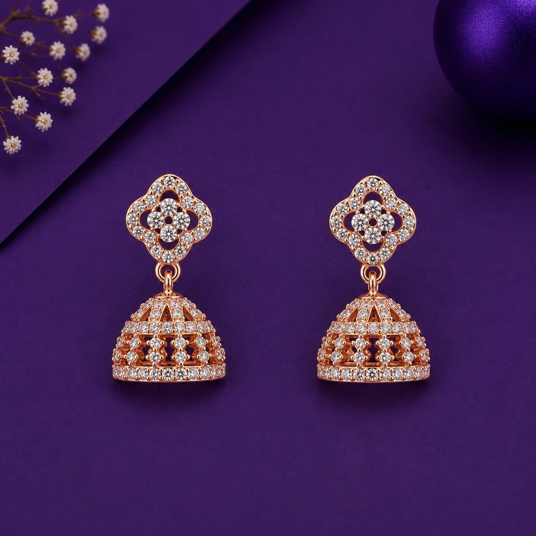 Floral Lattice 925 Silver Pavé Jhumkas