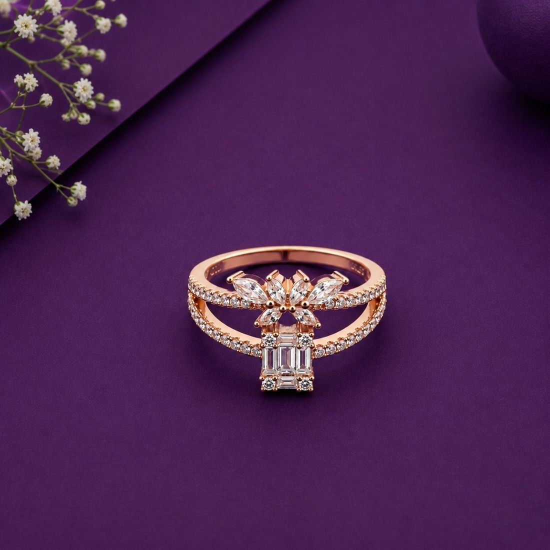 Rose Gold Butterfly Crown Emerald-Cut 925 Silver Ring
