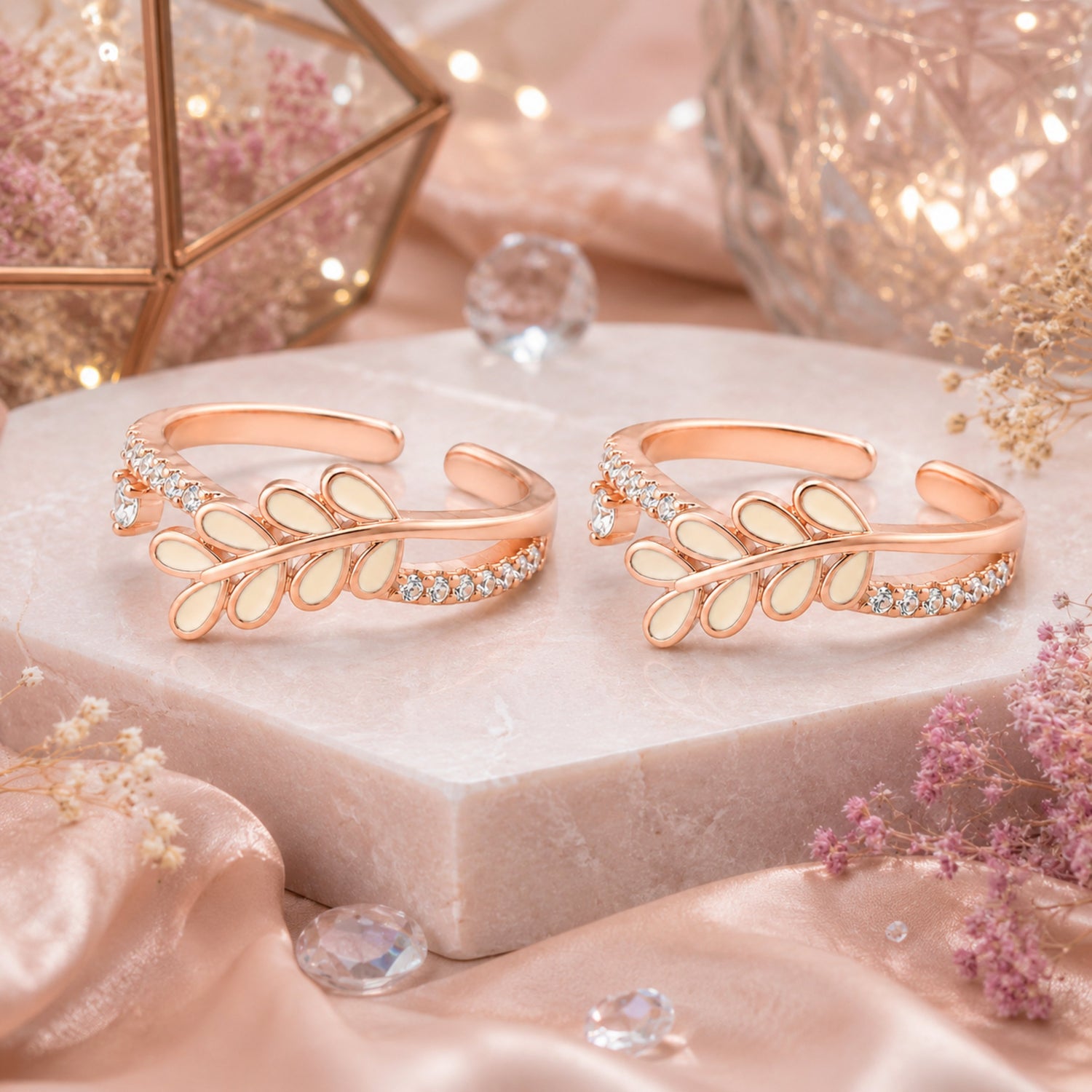 Ivory Laurel Enamel Branch Rose Gold Adjustable Toe Rings