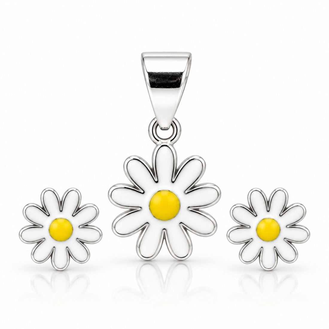 Dainty Daisy 925 Sterling Silver Enamel Flower Pendant & Stud Earring Set for Kids
