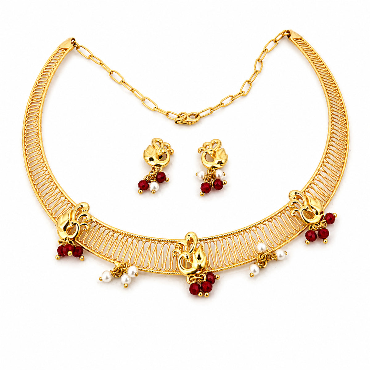Mayura Cage 925 Sterling Silver Peacock Cage Choker & Earring Set