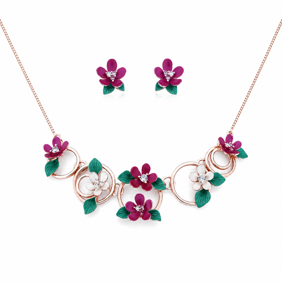 Magenta Orchid Blossom Interlocking Loop Choker 925 Silver Necklace Set
