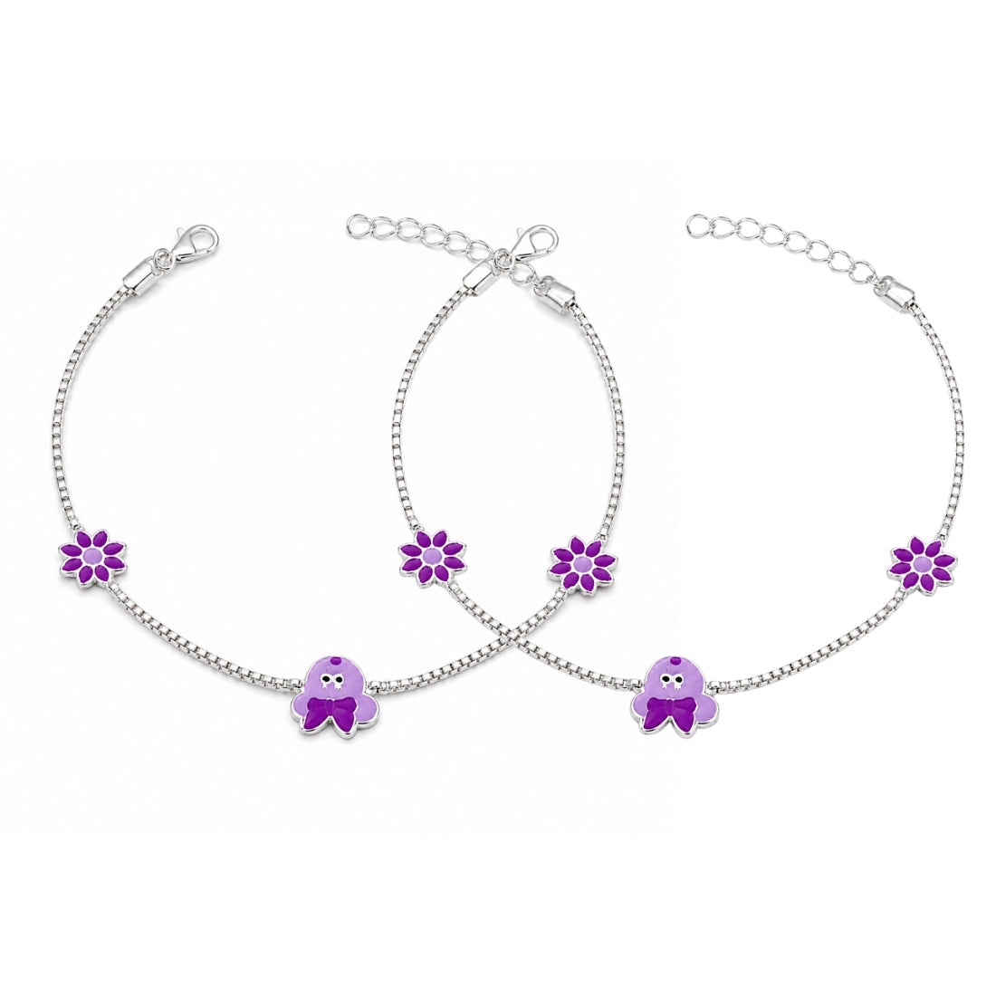 Violet Meadow 925 Silver Kids Flower & Bird Anklet Pair
