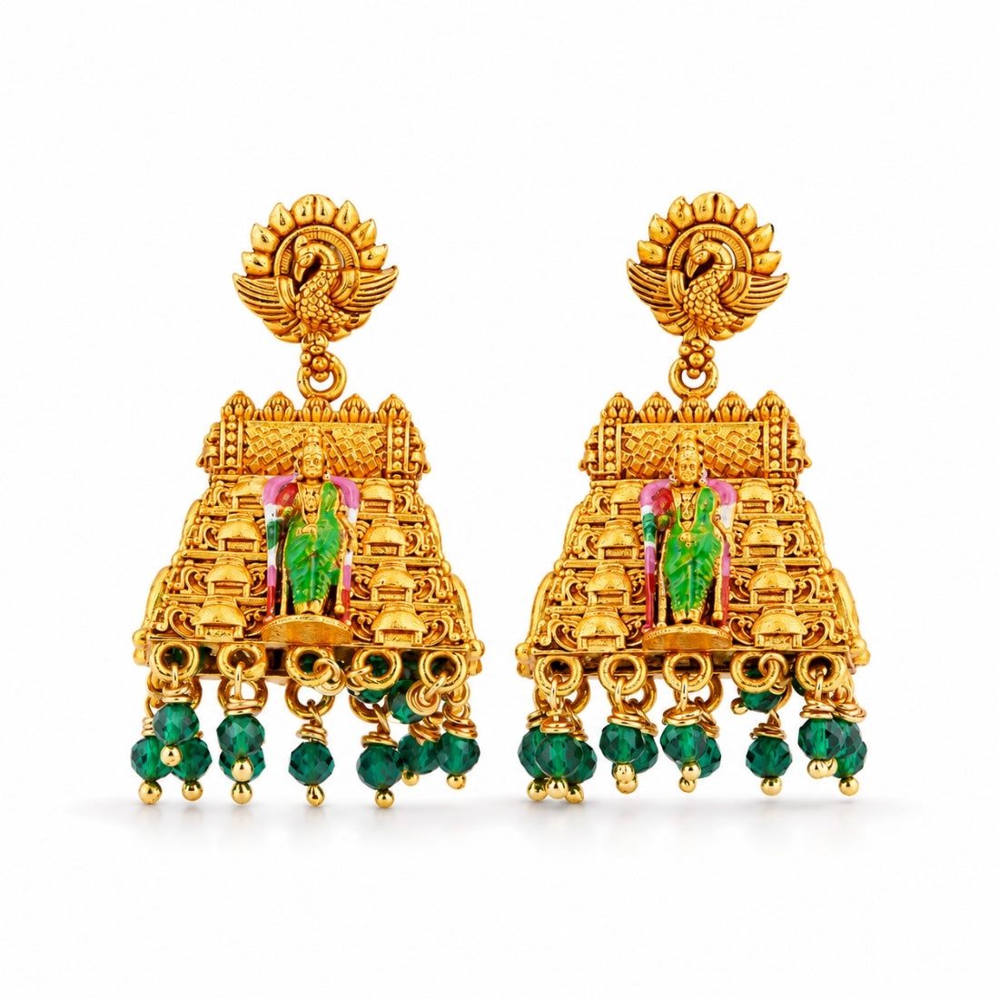 Golden Peacock Gopuram 925 Silver Jhumkas