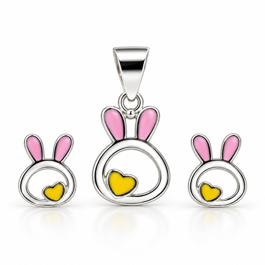 Honey Bunny 925 Sterling Silver Heart & Bunny Pendant & Stud Earring Set for Kids