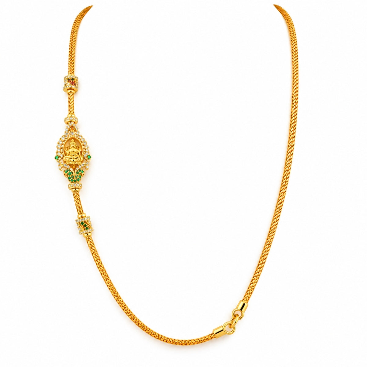 Goddess Lakshmi Emerald & CZ Halo 925 Sterling Silver Gold Plated Thali Chain
