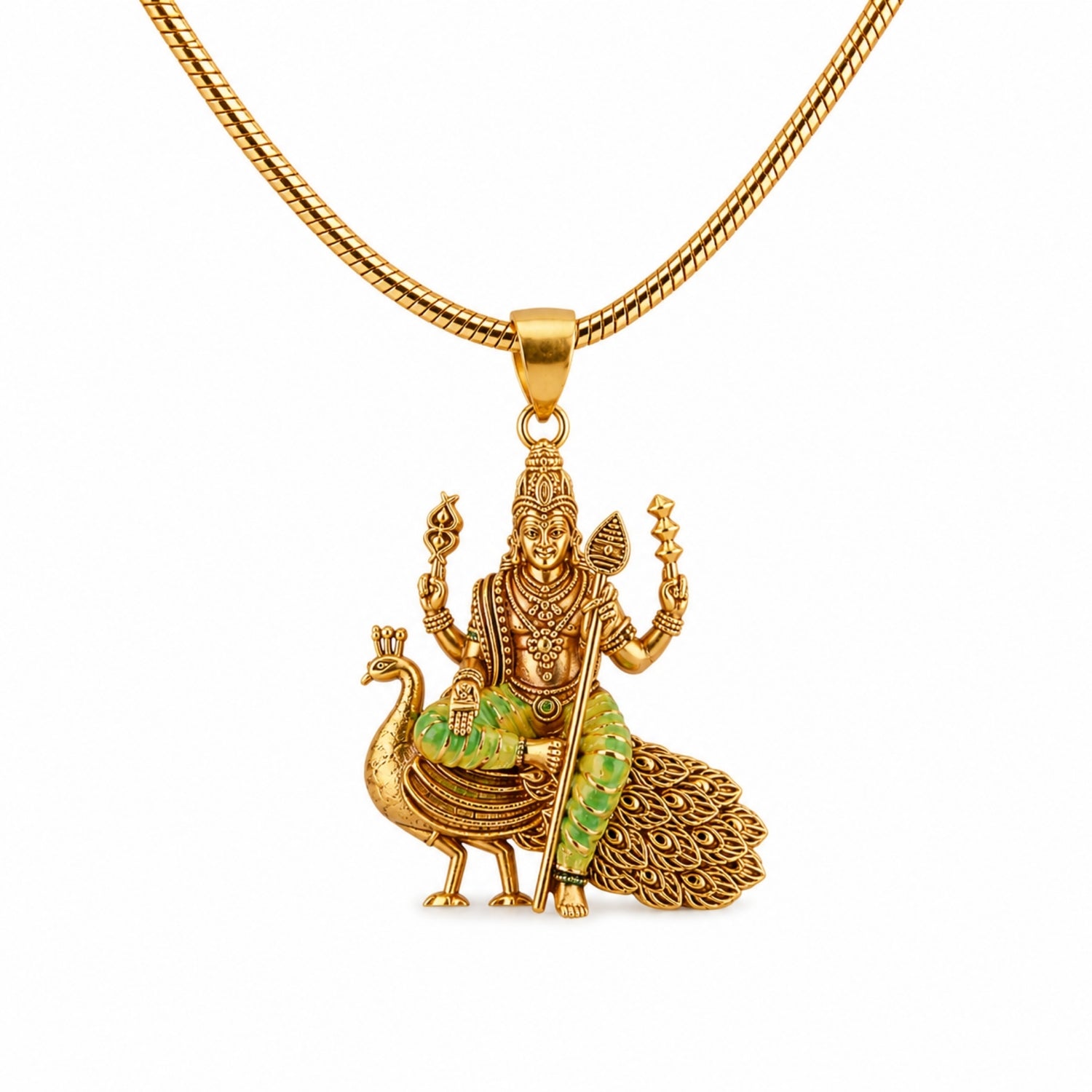 Divine Gold Plated 925 Silver Lord Murugan on Peacock Pendant