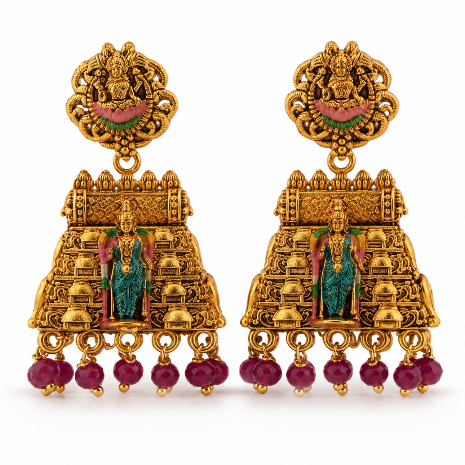 Lakshmi Gopuram Antique 925 Silver Gold-Plated Jhumkas