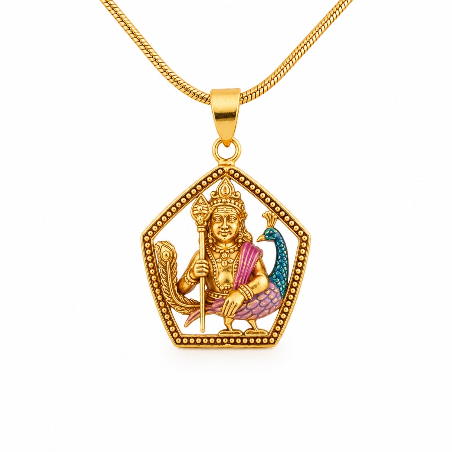 925 Sterling Silver Gold Plated Lord Murugan With Peacock Pendant