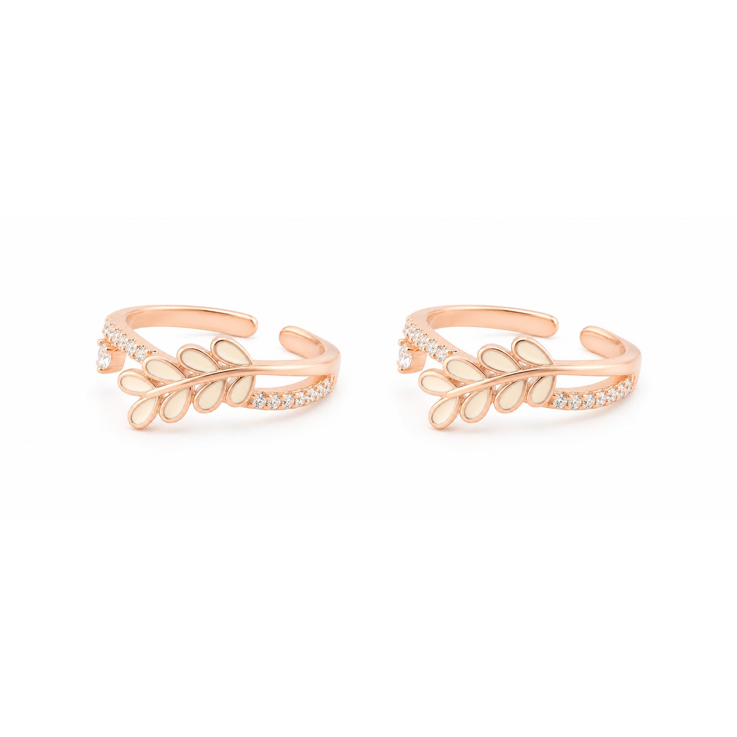 Ivory Laurel Enamel Branch Rose Gold Adjustable Toe Rings