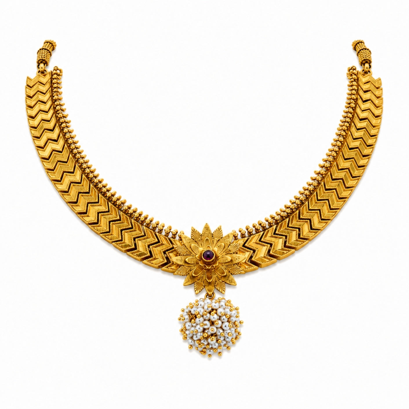 Aanya Chevron Sunburst & Pearl Cluster 925 Silver Choker