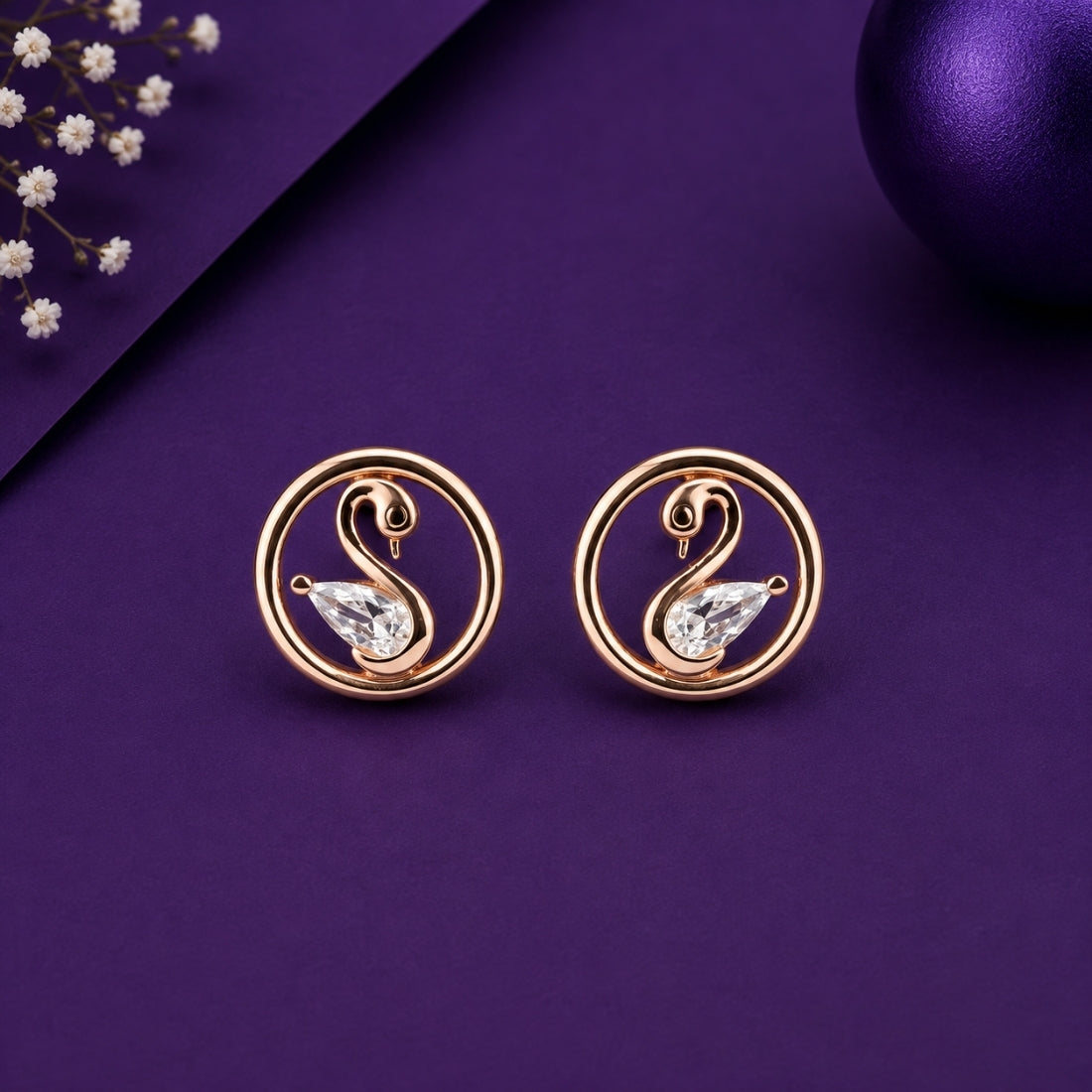 Rose Gold Majestic Swan Circular Stud Earrings
