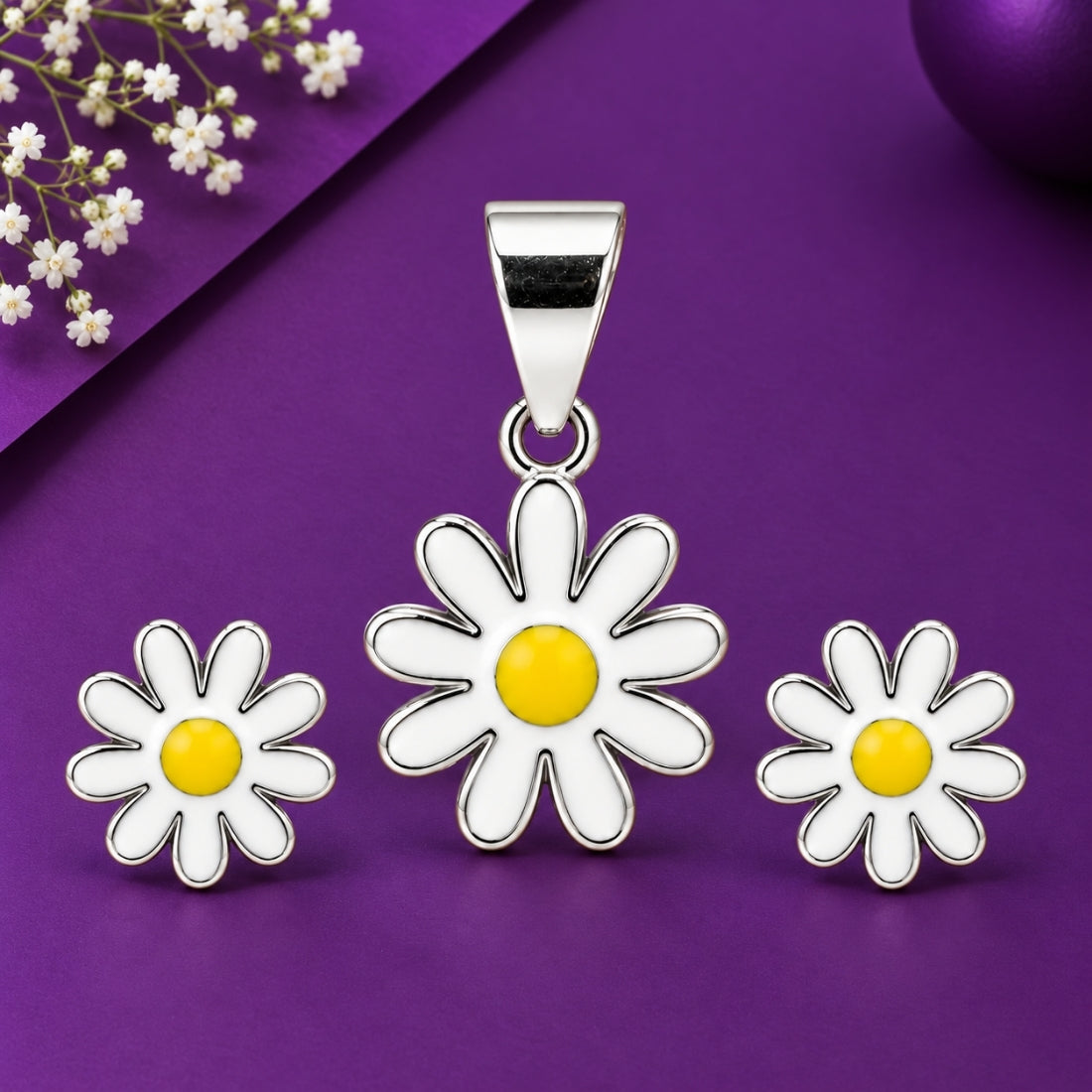 Dainty Daisy 925 Sterling Silver Enamel Flower Pendant & Stud Earring Set for Kids