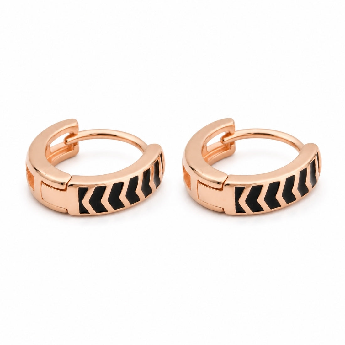 Rose Gold Chevron Black Enamel Huggie Hoop Earrings
