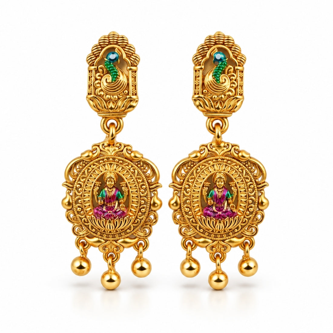 The Mayura Lakshmi Medallion 925 Silver Antique Gold Plated Earrings