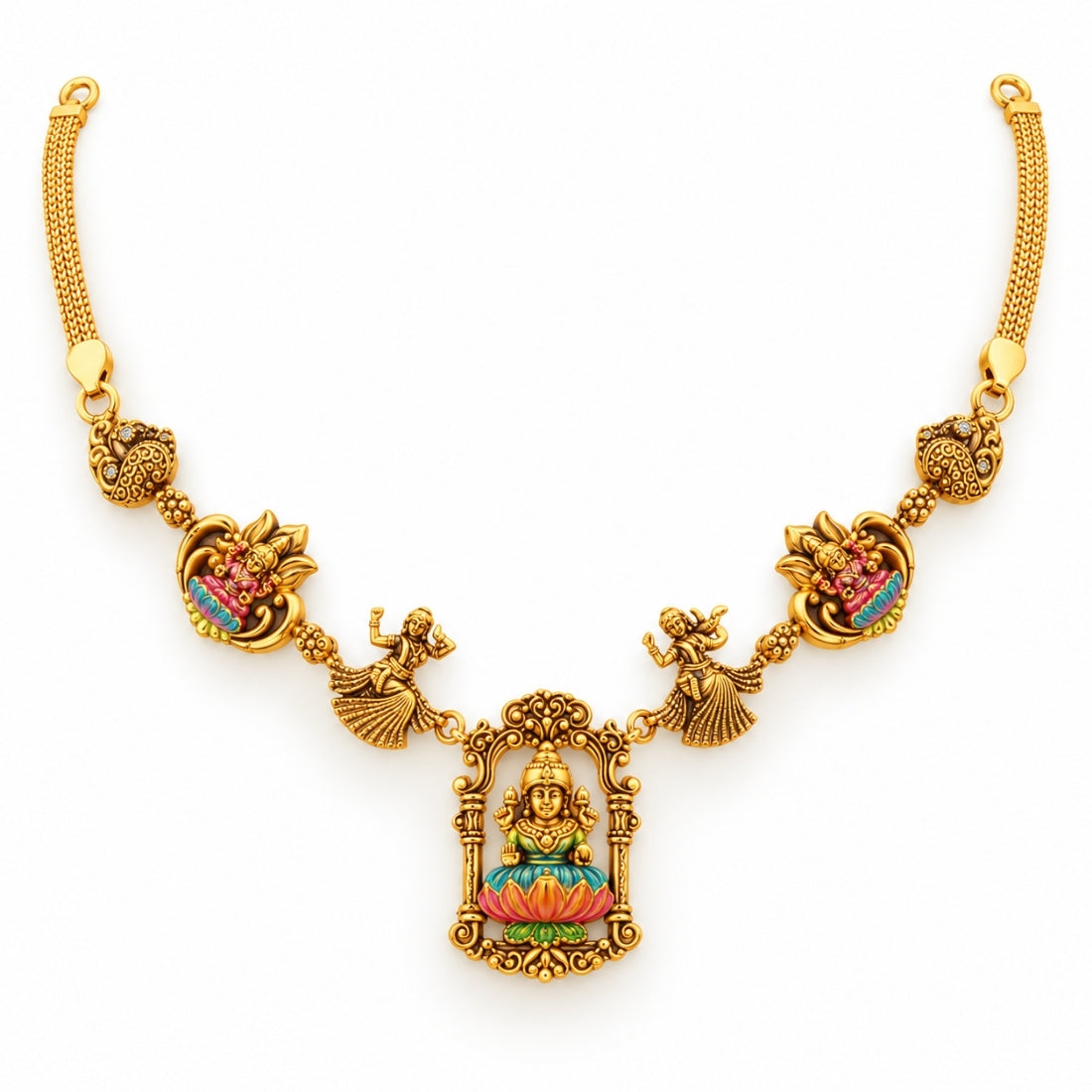 Divine Lakshmi Lotus & Dancing Figure Statement 925 Silver Necklace