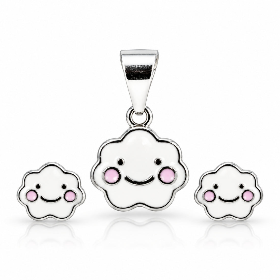 Happy Cloud 925 Sterling Silver Smiling Enamel Pendant & Stud Earring Set for Kids