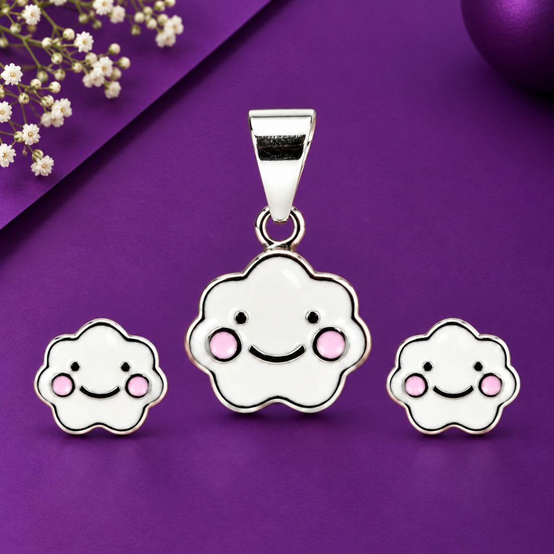 Happy Cloud 925 Sterling Silver Smiling Enamel Pendant & Stud Earring Set for Kids