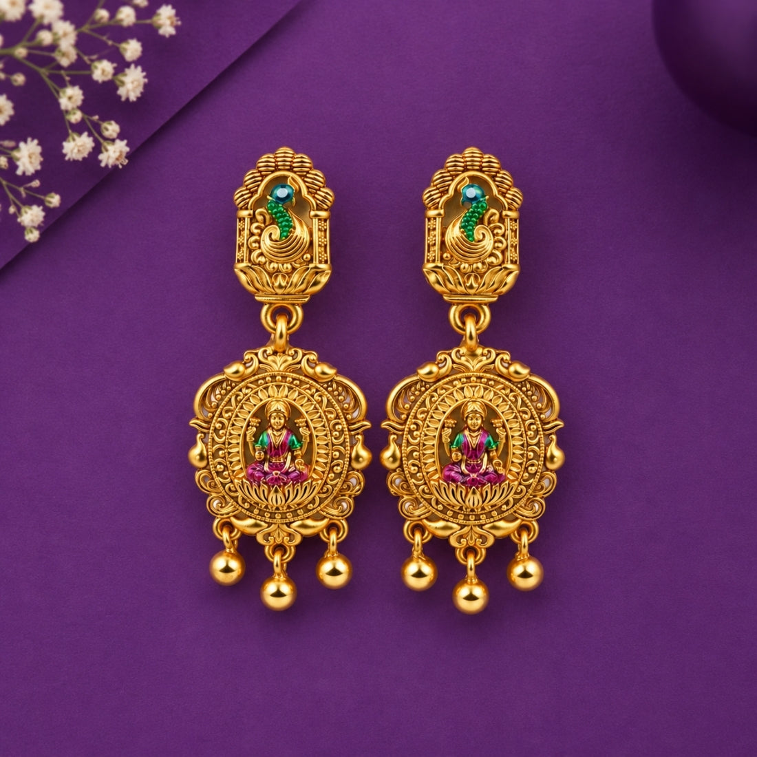 The Mayura Lakshmi Medallion 925 Silver Antique Gold Plated Earrings