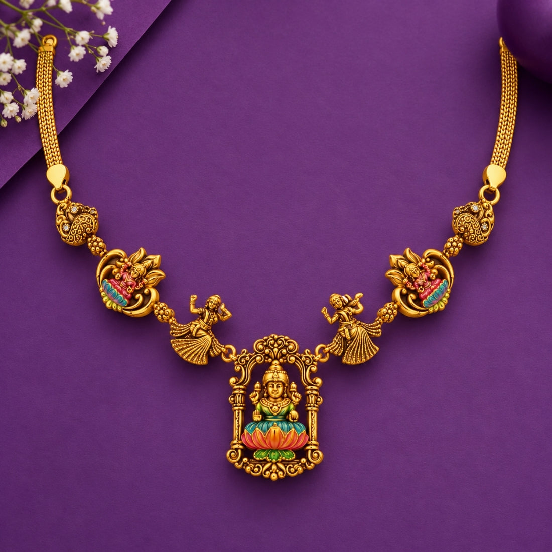 Divine Lakshmi Lotus & Dancing Figure Statement 925 Silver Necklace