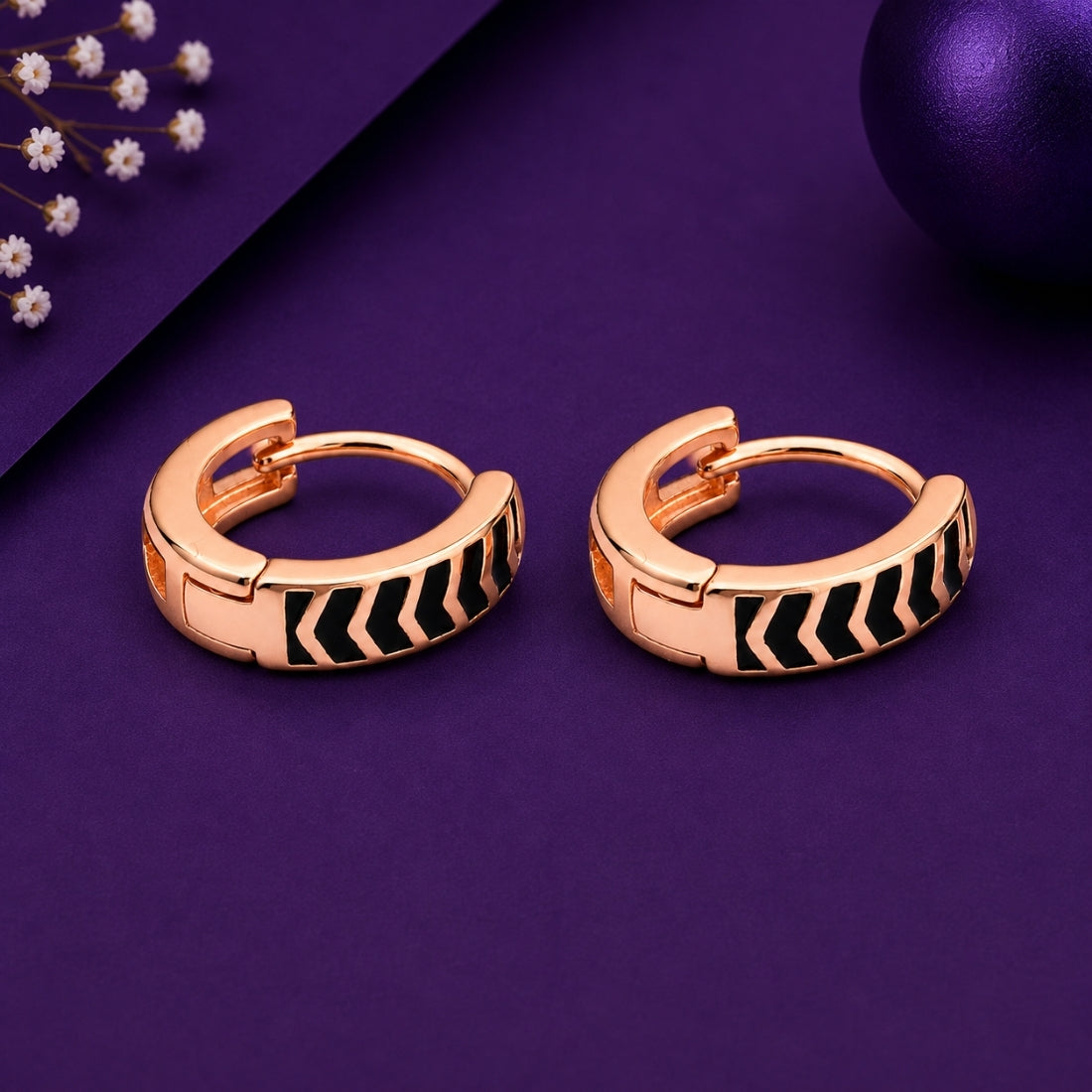 Rose Gold Chevron Black Enamel Huggie Hoop Earrings