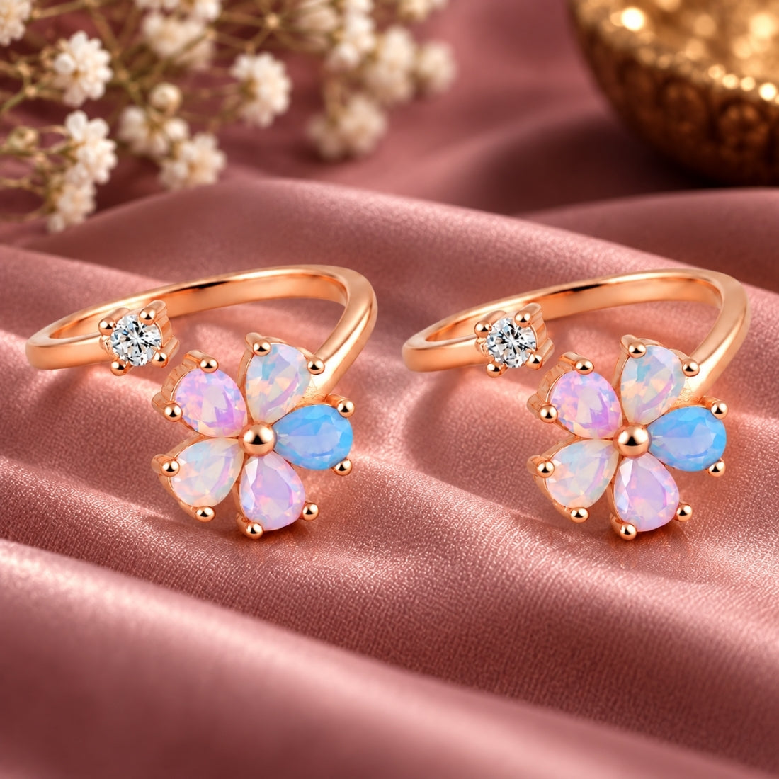 Enchanted Opal Blossom 925 Sterling Silver Rose Gold Plated Adjustable Toe Rings (Pair)