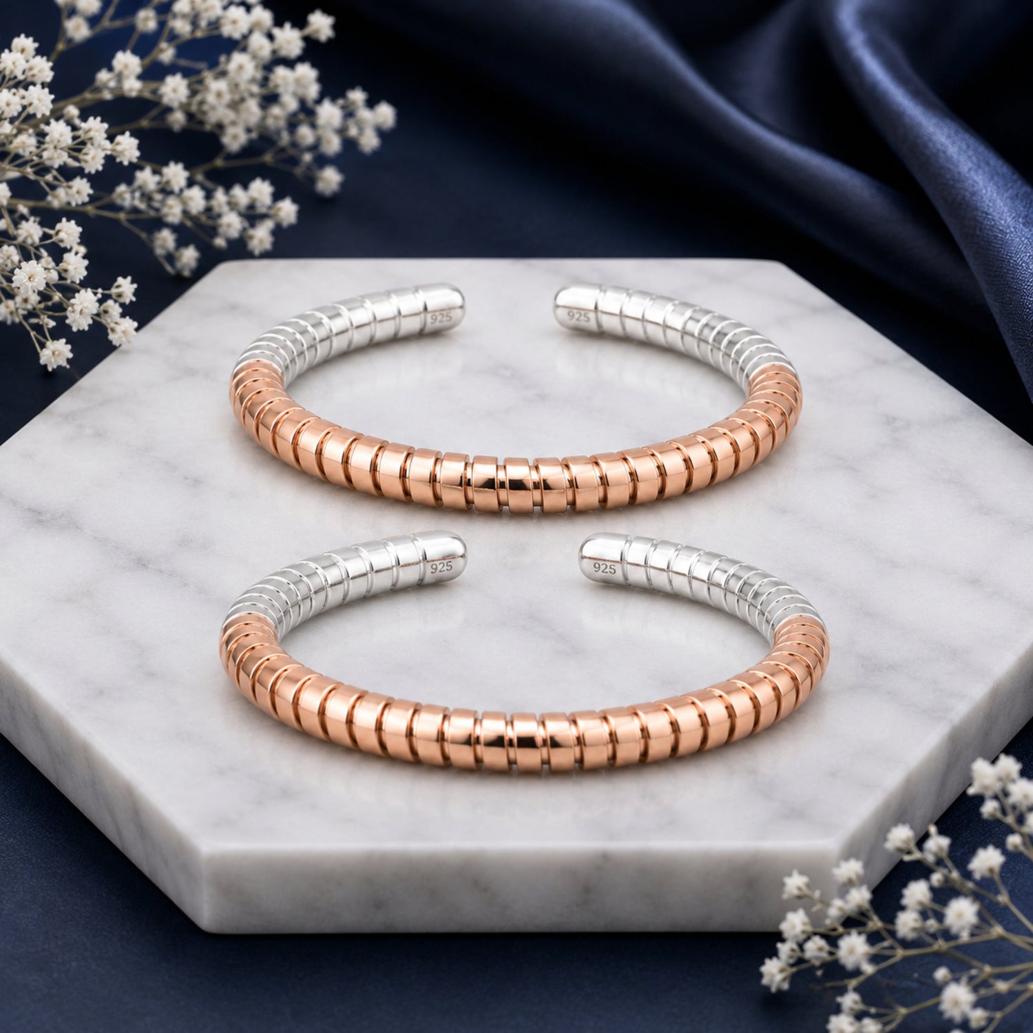 Dual-Tone Ribbed Segment Rose Gold and Silver Adjustable Toe Rings