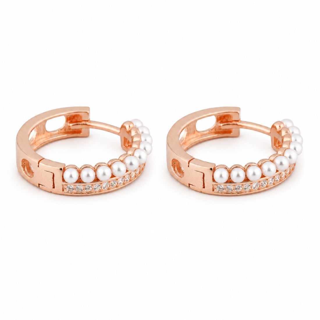Rose Gold Pearl & Pavé Dual Row Huggie Hoop Earrings