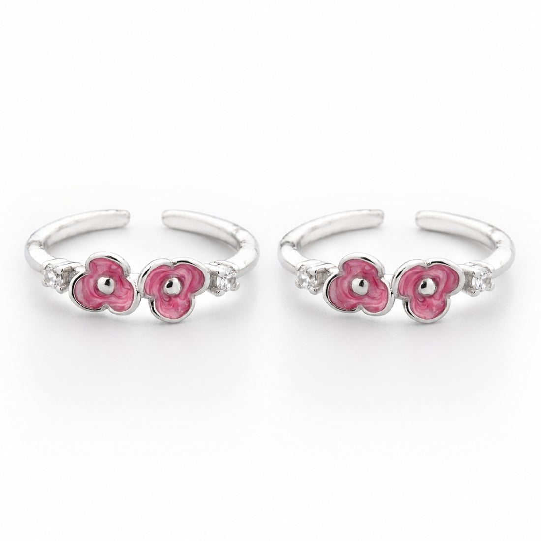 The Ruhi Dual Blossom Pink Enamel Toe Rings (925 Sterling Silver Pair)