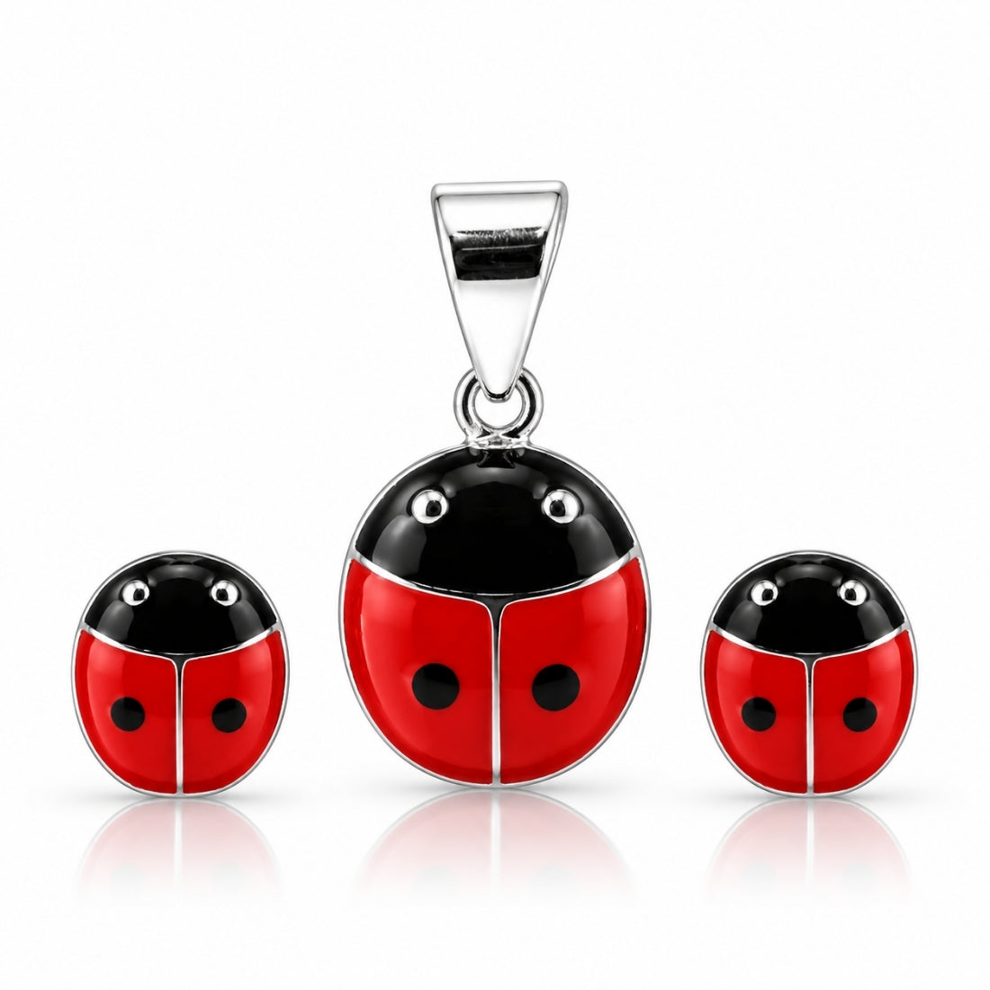 Lucky Ladybug 925 Sterling Silver Enamel Pendant & Stud Earring Set for Kids