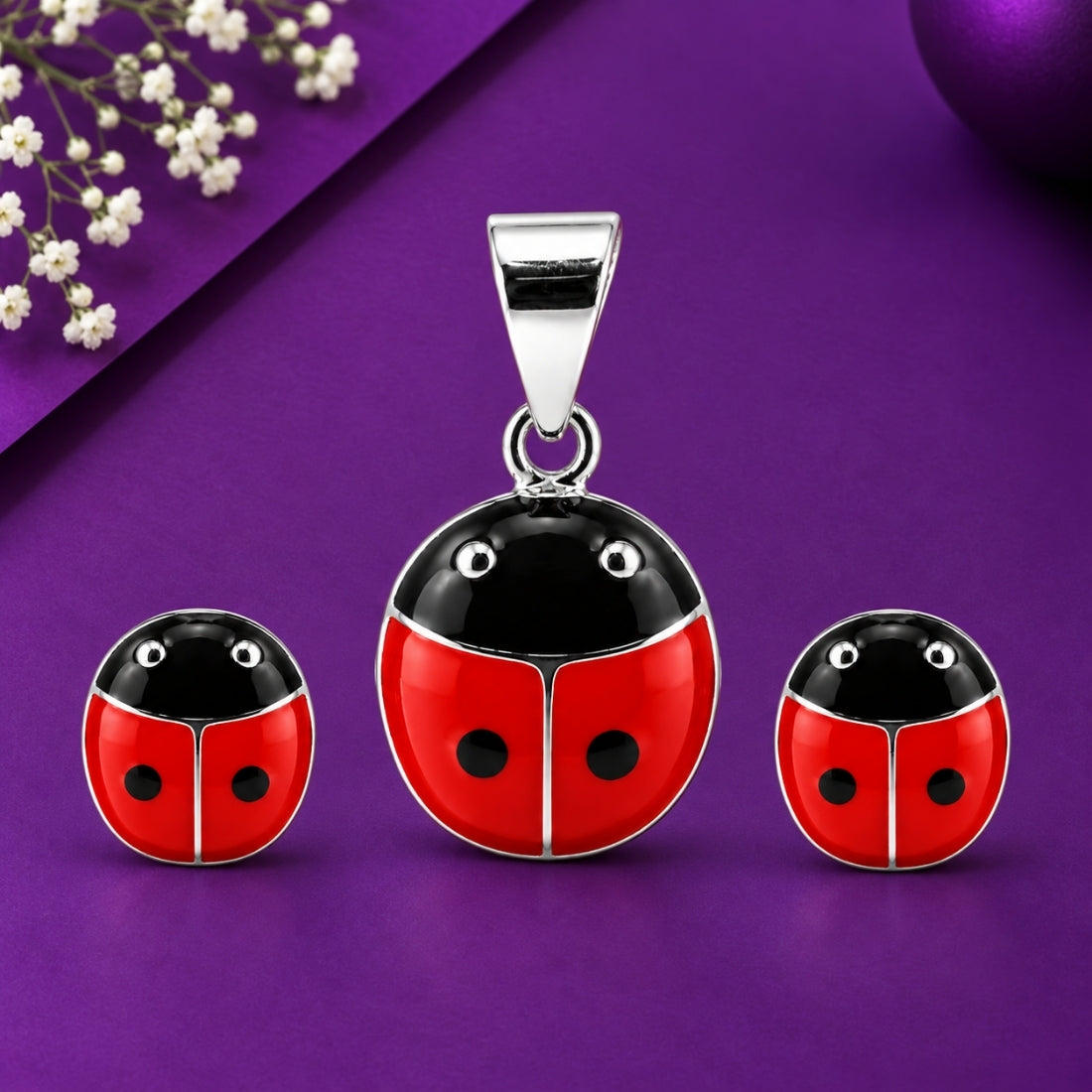 Lucky Ladybug 925 Sterling Silver Enamel Pendant & Stud Earring Set for Kids