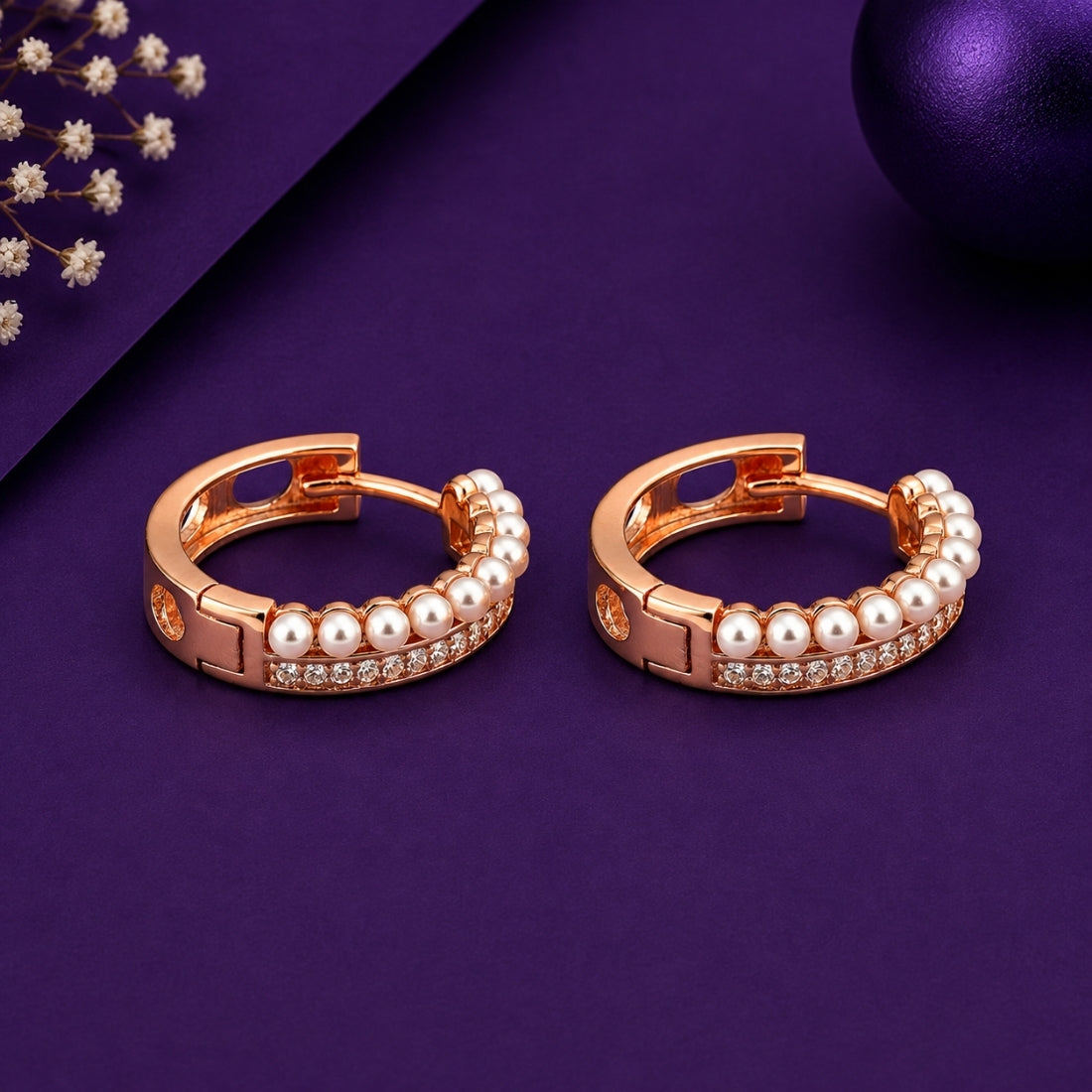 Rose Gold Pearl & Pavé Dual Row Huggie Hoop Earrings